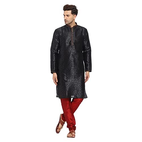 ITOS365 Men's Tunic Art Silk Kurta Pajama Pyjama Set Indian Clothing Casual Party Dress Gifts Items Black Small