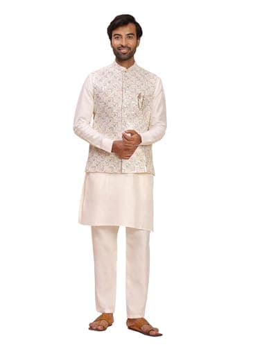 Pro-Ethic Style Developer Men's Cuffed Sleeves Silk Kurta and Trouser Set with Waistcoat (Nehru Jacket) (C-119) Cream XX-Large