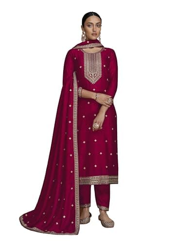 GRC Women's Straight Salwar Kameez Silk with Embroidery Traditional Indian Pakistani Ready to Wear Dress (US, Alpha, XX-Large, Regular, Regular, Maroon)