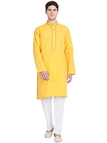 SKAVIJ Men's Pure Cotton Thread Work Kurta Pajama Set Woven Design Festive Party Dress (KP077gold_Gold_XL)