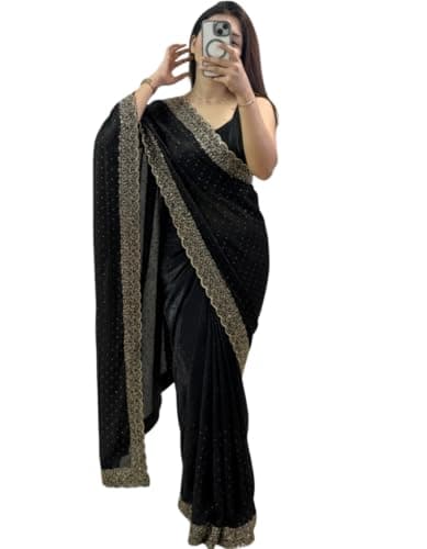 BE4ME.COM Trending Gold Two-Tone Fandy Silk Saree with Designer Border – Viral Insta Tiktok Party Wear Sari (Black)