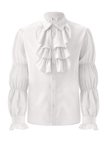 Runcati Mens Pirate Shirt Ruffle Victorian Renaissance Vampire Poet Puffy Shirts Gothic Steampunk Medieval Costume White