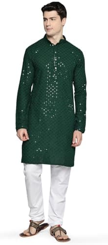 Maple Clothing Chikankari Embroidered Sequined Cotton Men's Kurta Pajama (Green, XXL)