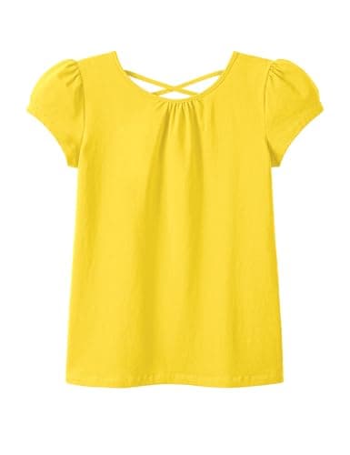 KEREDA Girls Shirts Fashion Cross-Back T-Shirt Cute Puff Short Sleeve Crew Neck Summer Tees Tops Clothes for Kids 7-8 Years Yellow