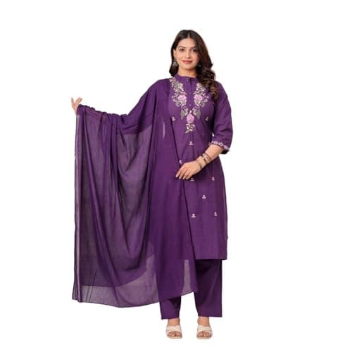 PINK AND POP Women's Cotton Straight Embroidery Salwar Suit Set Kurta Pant with Dupatta | Purple Suit Set For festive Wear | Medium