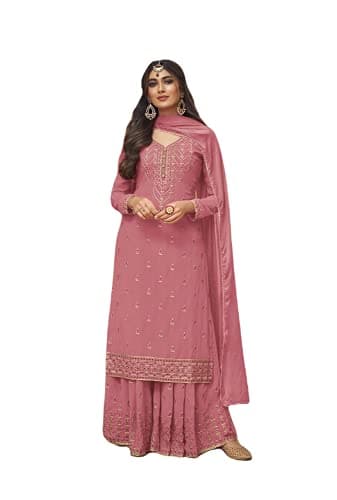 shopNstyle Pakistani Indian Georgette with Embroidery Work Salwar Kameez Palazzo Suit Ready to Wear (Pink, m)