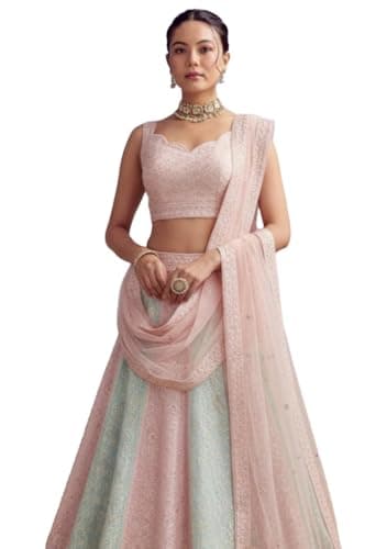 Indya Multicolor Embroidery Georgette Lehenga Set | Perfect for Wedding | Sleeveless | Sweetheart Neck