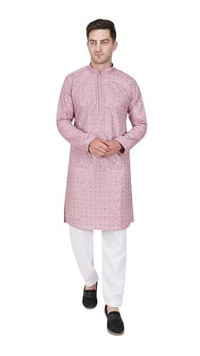 TRILOKI Mens Embroidered Sequined Kurta Pajama Set Rayon Ethnic Indian Traditional Wear Ethnic Diwali Puja Kurta Payjama Set