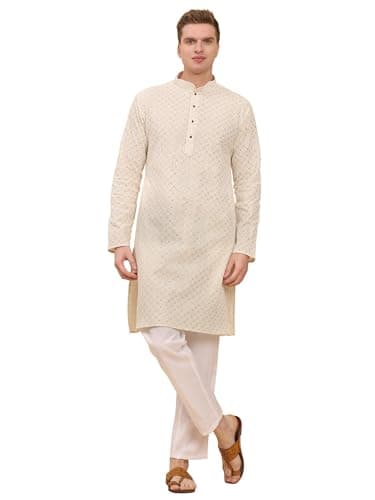 Pro-Ethic Style Developer Men's Pure Cotton Sequined Embroidred Kurta | Traditional Indian Festive Kurta | Stylish Comfortable Outfit for Weddings, Casual Outings (A-126) Cream, 38