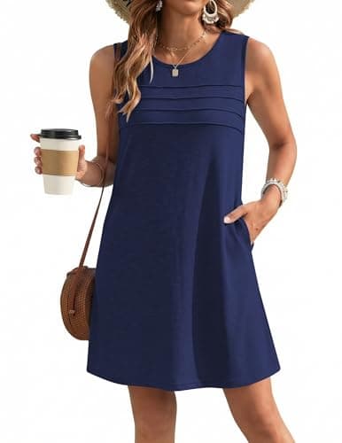 Ekouaer Womens Swimsuit Cover Up Pleated Front Bathing Suit Coverups 2026 Casual Tank Beach Dress with Pockets S-2XL Navy Blue