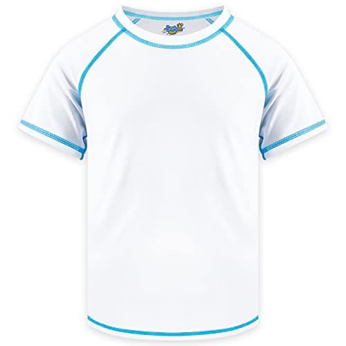 Boys Rash Guard Short Sleeve, White UPF 50+ Sun Protection Rashguard Slim Fit Swim Shirt Fishing Surf Quick Dry Cool Beach Clothes for Toddler Youth Kids Size 7-8 Years Sports
