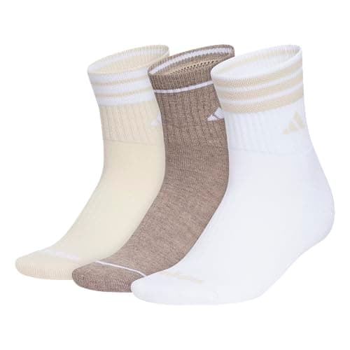 adidas Women's Cushioned Sport High Quarter Socks (3 Pairs) Durable & Comfortable, Crystal Linen Beige/White/Chalky Brown/3-Stripe/4, M
