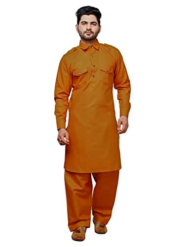 Pro-Ethic Style Developer Men Cotton Pathani Kurta Set Indian Wedding Dress | Traditional wear | Mustard, 44 (A-116)