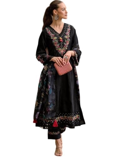 The Red Lion Enterprise women Anarkali Suit Alia cut kurti pant and Dupatta 3pc set salwar suit (US, Alpha, Small, Regular, Regular, Black)