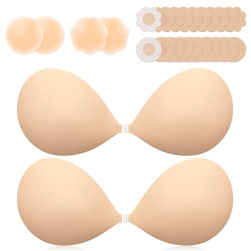 VogaChic Invisible Sticky Bra Push Up, Reusable Adhesive Bra for Backless Dress, Seamless Silicone Nipple Covers for Women (B Cup, Beige, 2PCS)