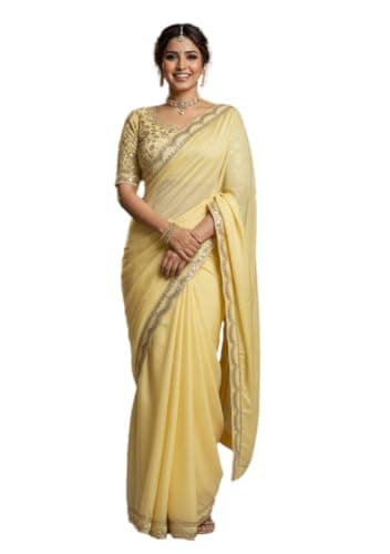 Indya Yellow Sequins Lace Border Chiffon Saree Set | Perfect for Festive & Party Wear