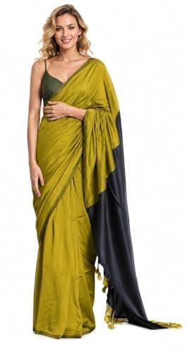 Grahasht Pure Cotton Saree for Women with Blouse Piece, Soft Traditional Indian Sari for Party Wear, Wedding, Festival (Olive)