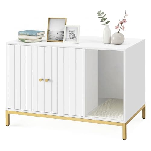 Feandrea Cat Litter Box Enclos...Side End Table, White and Gold
