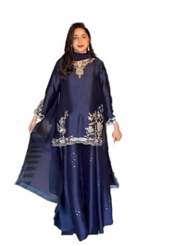 Indya Navy Blue Embroidery Silk Blended Sharara Set | Perfect for Festive Wear