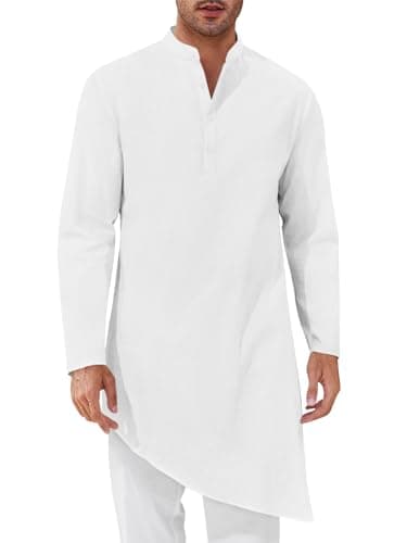Runcati Mens Kaftan Robe Thobe Cotton Long Sleeve Henley Shirt Casual Muslim Gown Kurta Tops White