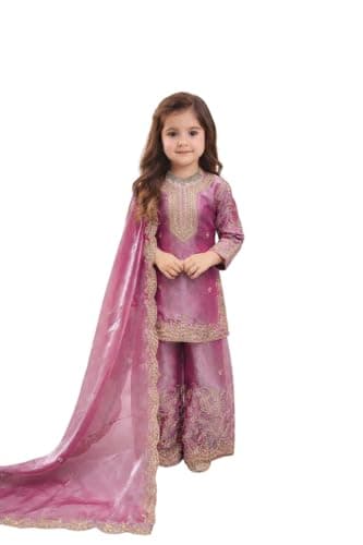 Cholista Baby Girls Festive & Party Wear Pure GMY SILK Fabric Kurta Sharara Set with Dupatta. (pink, 3-5 years)