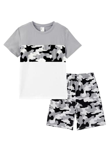 PATPAT Boys Summer Outfits Size 11-12 Years, Grey Camo Shirts and Shorts with Pockets, Crew Neck Short Sleeve Shirts Stretch Shorts 2 Piece Outfits Boys Short Sets