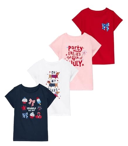Garanimals Toddler Girl Patriotic T-Shirt - Short Sleeve Tees - Kid's Casual Crew Neck - Size 4T - Red, White, Navy Blue & Pink - 4 Pack Set