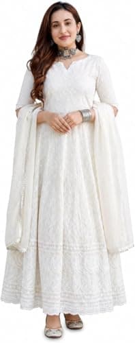 Women’s Cotton Chikankari Embroidered Anarkali Kurta with Dupatta | 3/4th Sleeves (This set includes:1 Kurta with Dupatta) (US, Alpha, Large, Regular, Regular, Pearl White)