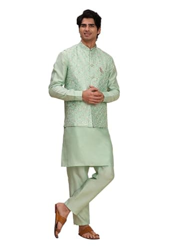 Pro-Ethic Style Developer Men's Cuffed Sleeves Silk Kurta and Trouser Set with Waistcoat (Nehru Jacket) (C-119) Green Small
