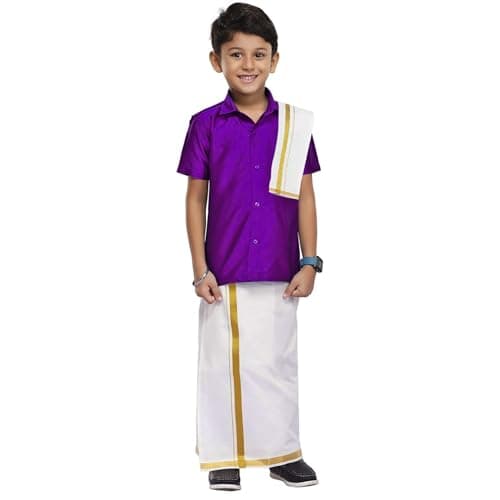 Chandrakala Boys Silk Blend Shirt with Kasavu Mundu, Dupatta & Dhoti Set | Kids Indian Traditional Party Wear | Bollywood Style Wedding Dress for Boys,2-3 Years Purple-M (KB101PUR3)