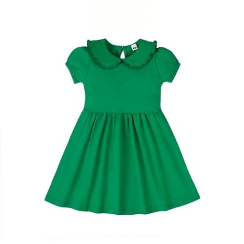 LYSMuch Toddler Girls Short Sleeve Dresses Peter Pan Collared Dress Solid Color Puff Playwear Outfit(Green,7Years)