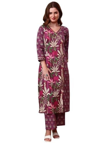 Tissu Women's Cotton Slub Purple Floral Printed Kurta with Trouser Pant (786_Purple_L)