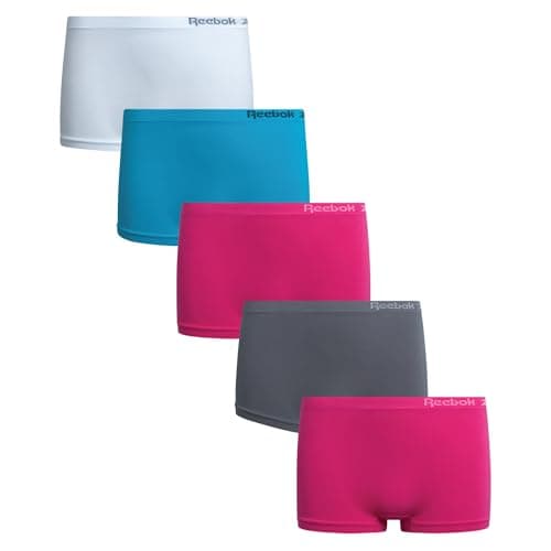 Reebok Girls Boyshorts Underwear - 5 Pack Soft Breathable Panties Boy Shorts Seamless Underwear for Girls (Sizes: 6-16), Size 12-14, Steel Grey/Carmine Rose/Scuba Blue/White