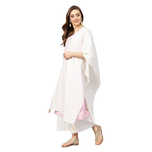 Idalia Women's Baby Pink Khadi Gold Print Cotton Kurta Set with White Dupatta