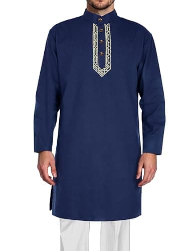 AQEWK Men’s Kurta Kaftan Robe - Long Sleeve Cotton Linen Muslim Henley Shirt for Ramadan, Prayer & Daily Wear Navy