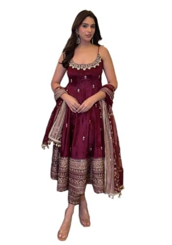 Indya Maroon Embroidered Silk Blended Anarkali Set – Embroidered for Festive | Spaghetti Strap | Scoop Neck | Indian Ethnic Wear