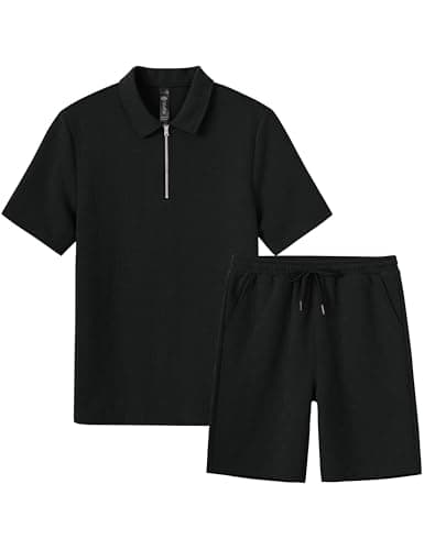 MoFiz Mens Sweat Suits Set Tracksuit 2 Piece Outfits Short Sleeve Casual Sweatshirt & Loose Jogging Shorts Black M