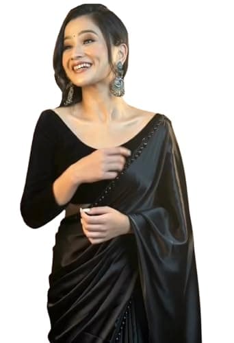 SHOPAZ Women's Ready to Wear Black Satin Silk 1 Minute Pre Pleated Indian Saree With Unstiched Blouse