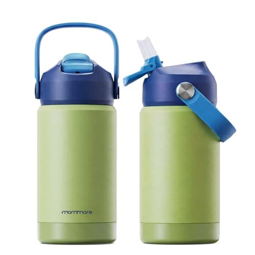 Mommore Kids Insulated Water Bottle with Soft Rubber Handle, 12oz Stainless Steel Thermos with Straw Lid, Leak Proof, Easy to Clean Design, Vacuum Small Canteen for School Boys Girls, Green-1 Pc