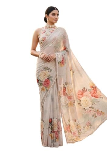 Indya Off-White Printed Georgette Saree for Festive | Indian Ethnic Wear