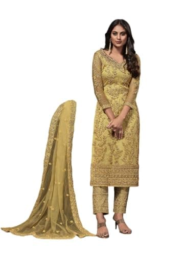 FABMIAMI New Wedding Partywear Embroidered Salwar Kameez Indian Dress Ready to Wear Salwar Suit For Women FM-18 (US, Numeric, 38, Regular, Regular, Yellow)