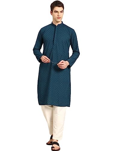 Rajubhai Hargovindas Men Teal Ethnic Motifs Chikankari Embroidered Kurta (MRPCH-42)