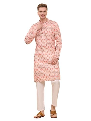 Pro-Ethic Style Developer Mens Indian Traditional Cotton Kurta Sets, Mens Printed Kurta Set Indian Wedding Dress, Orange