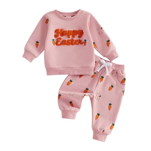 BeQeuewll Baby Girl Easter Outfit Happy Easter Sweatshirt Jogger Pants Infant Toddler Girls Pink Outfits Set (Happy Easter, 2-3T)