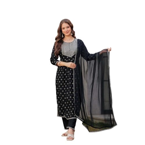 Rosarue Women's Rayon Straight Kurta Pant with Dupatta Heavy Sequence Embroidery Festive Wear | Black, Medium