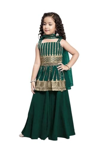 qoulrin Girls Indian Ethnic Wear Salwar Kameez For Kids|Girls Punjabi Suit|Kids Kurta Sharara Set For Girls|Indian Dress. (green, 4years)