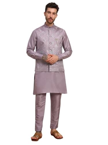 Pro-Ethic Style Developer Mens Heavy Cotton Silk Sequence Kurta Trouser Set With Waistcoat (Nehru Jacket) (C-118) Mauve X-Large