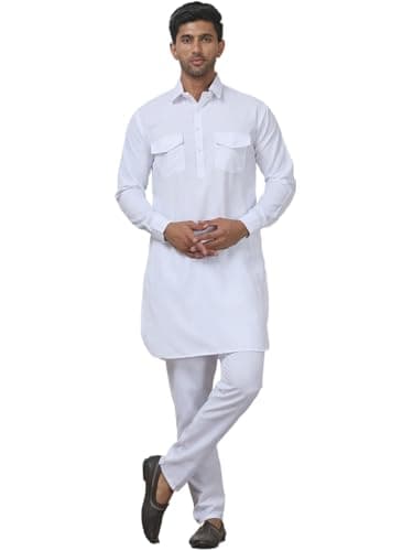 Punjabi Kurta Pajama Set Pathani Cotton Indian Dress for Men (White, XXL)