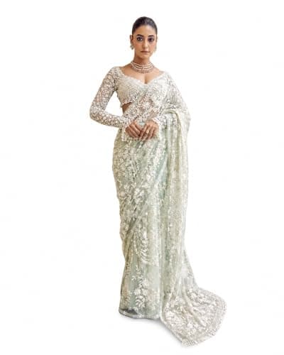 RETRO RETREAT COIN Women's Net Sequin Embroidery Sequence Saree Work With Unstitched Blouse Piece (Ice Blue)