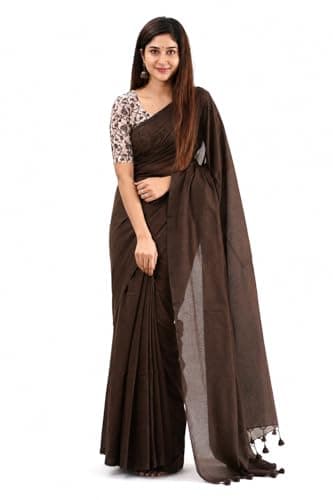 SAREEN Khadi Cotton Saree for Women | Soft Handwoven Khadi Saree with Tassels | Lightweight Traditional & Casual Wear Saree (Brown)